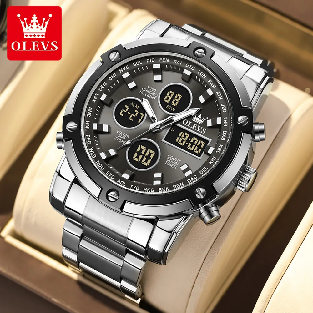 OLEVS Men’s Watch – Water-resistant stainless steel quartz wristwatch with LED display – Sporty and trendy style (model 1106)