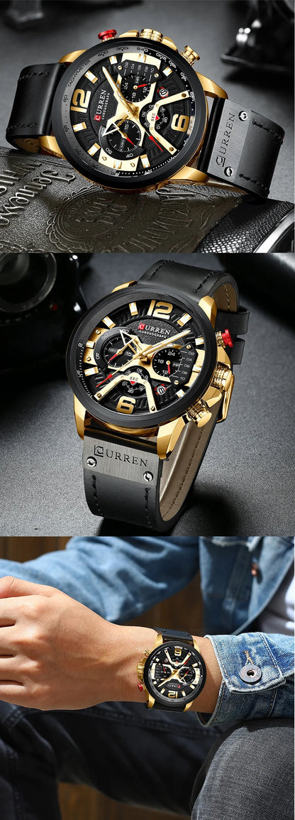 CURREN 8329 Men’s Watch – Casual sporty style, military-inspired design, leather strap, trendy chronograph, luxury watch from a leading brand