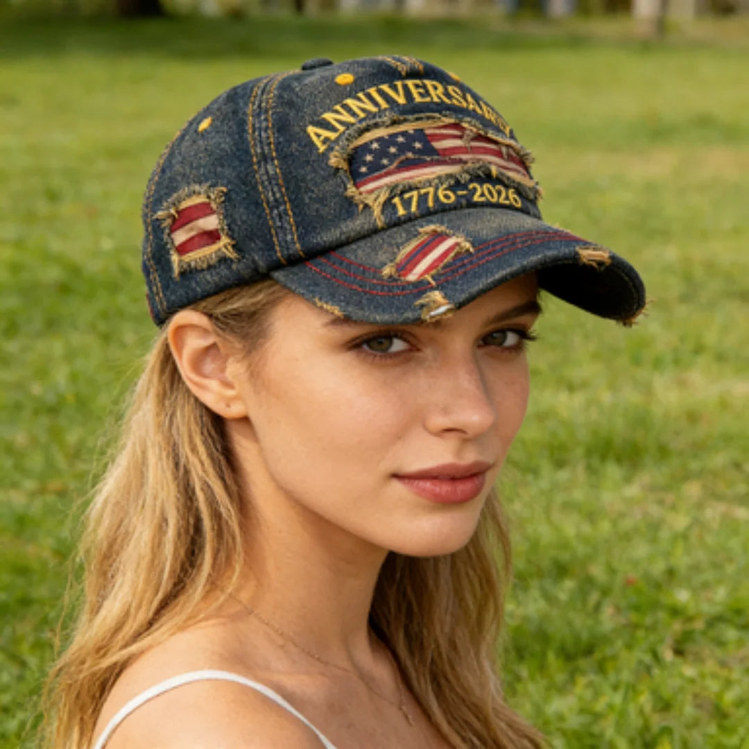 Vintage USA Flag 250th Anniversary 1776-2026 Distressed Denim Baseball Cap Adjustable Patriotic Dad Hat for Men Women