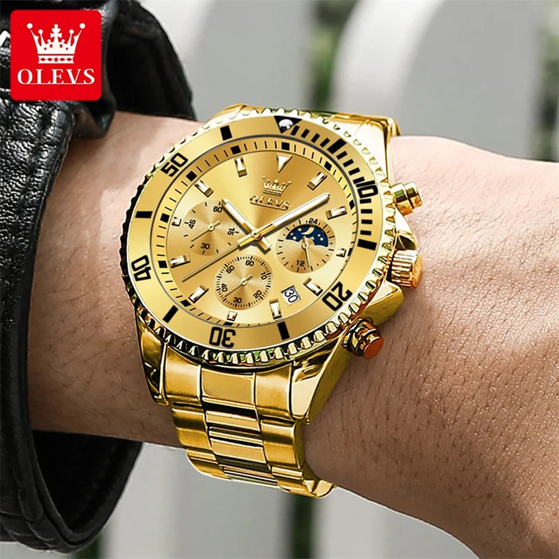 OLEVS men’s watch, luxury brand, gold-coloured military-style quartz watch, water-resistant, luminous date display, stainless steel case.