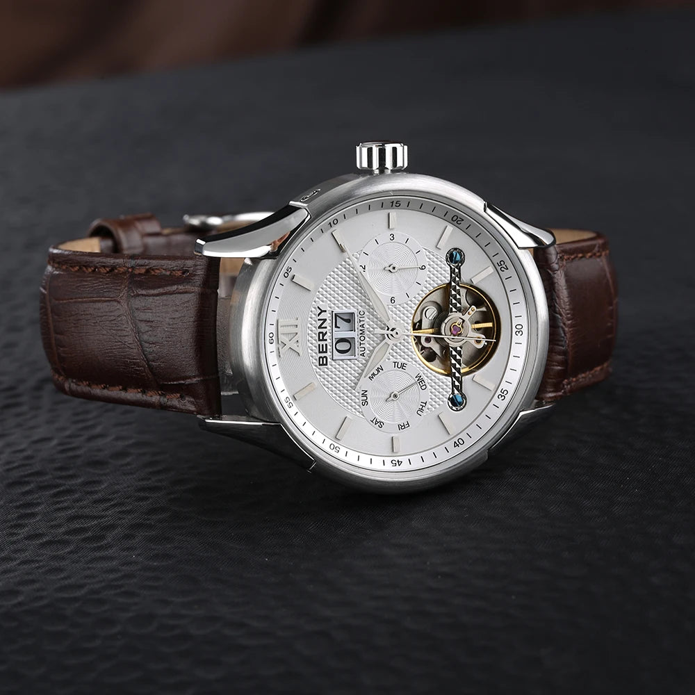BERNY Automatic Watch for Men Auto Self-wind Mechanical Watches Date Skeleton 5ATM Luxury Male Wristwatches