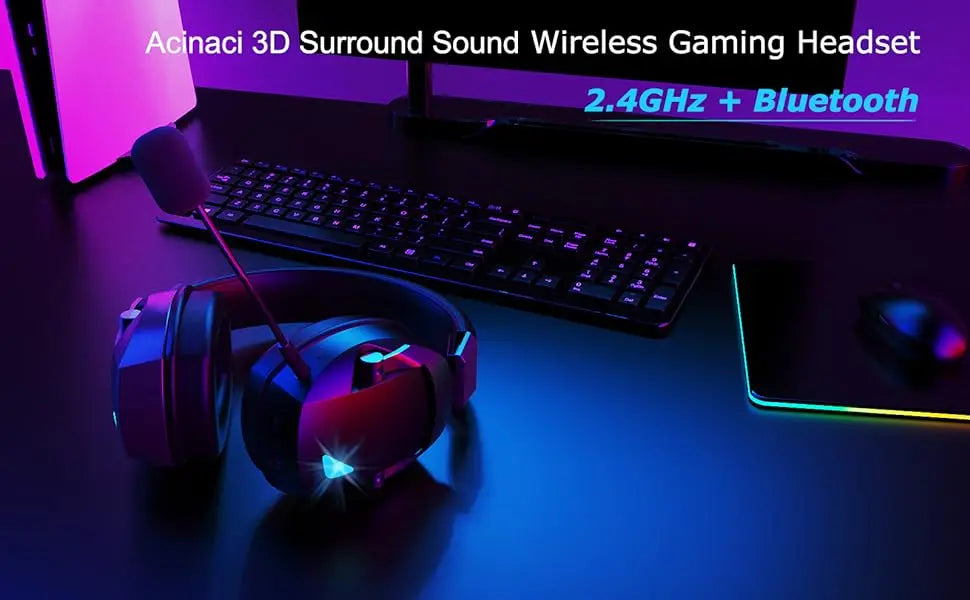 Auscultadores Gaming Sem Fios Acinaci 2.4GHz para PS5 PS4 PC Switch – Auscultadores Gaming Bluetooth com Microfone, Graves Profundos e Almofadas em Espuma Viscoelástica