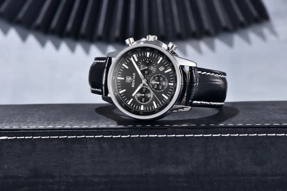 Benyar luxury men’s watch – Chronograph with date, leather strap, water-resistant, luminescent, sporty and military style, quartz watch