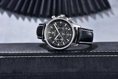 Benyar luxury men’s watch – Chronograph with date, leather strap, water-resistant, luminescent, sporty and military style, quartz watch