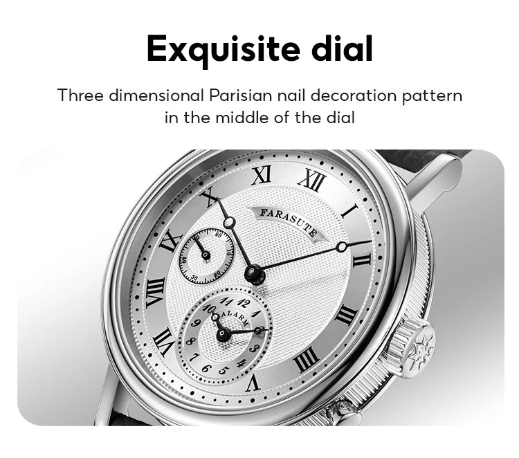 FARASUTE Retro Luxury Alarm Clock Quartz Watch Men Waterproof Night Light Wristwatch Casual Sapphire Stainless Steel Male Watch