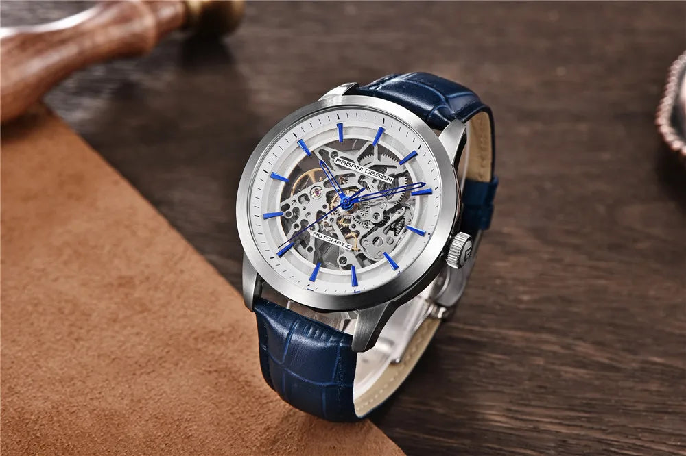 PAGANI DESIGN 2026 New Skeleton Men's Mechanical Watches Top Luxury Automatic Watch Men Blue Leather Waterproof Wrist watch Men