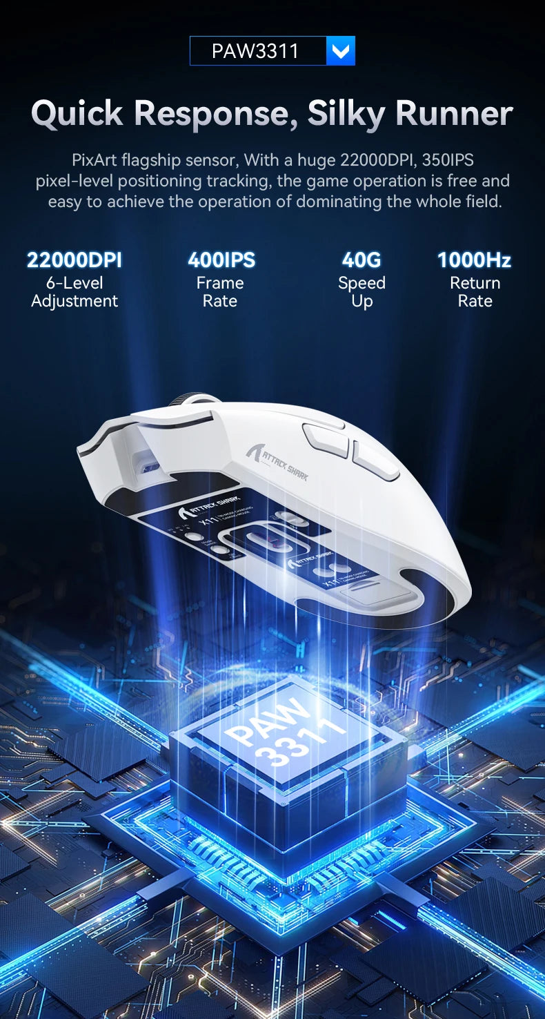 Attack Shark X11 Wireless Gaming Mouse with RGB Charging Dock, PAW3311 Sensor, 22000 DPI, Tri-Mode Bluetooth, 1000Hz Polling Rate Gaming Mouse