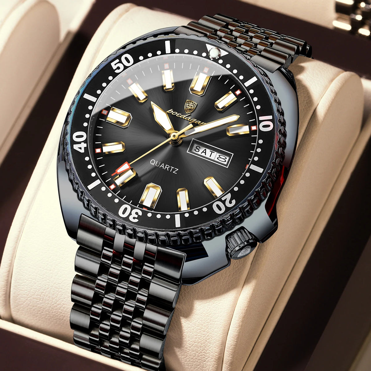 POEDAGAR luxury men’s watch, business style, with date and day of the week, water-resistant and luminous, made of stainless steel and powered by a quartz movement.
