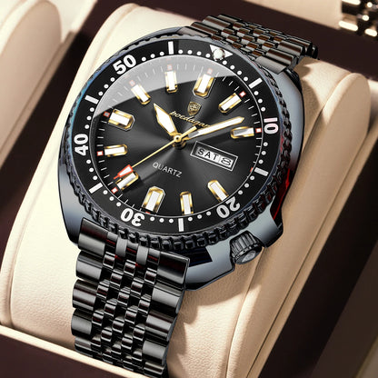 POEDAGAR luxury men’s watch, business style, with date and day of the week, water-resistant and luminous, made of stainless steel and powered by a quartz movement.