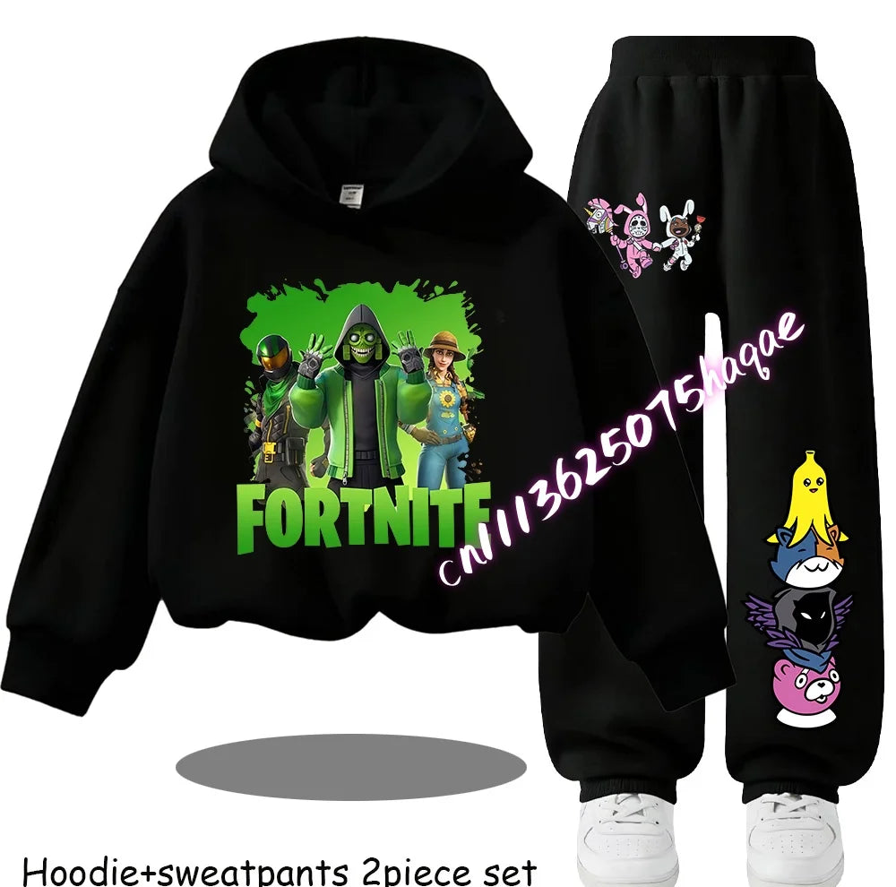 Fortnite-bedruckte Kinder-Hoodies, Cartoon-Design, bequemes 2-teiliges Set, locker sitzende Langarm-Oberteile mit Hose, Herbst-/Winterkleidung, Geschenk
