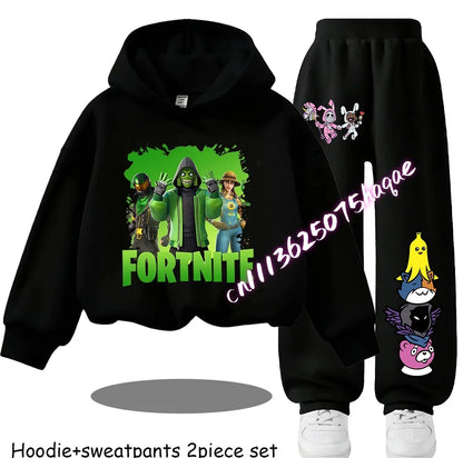 Fortnite-bedruckte Kinder-Hoodies, Cartoon-Design, bequemes 2-teiliges Set, locker sitzende Langarm-Oberteile mit Hose, Herbst-/Winterkleidung, Geschenk