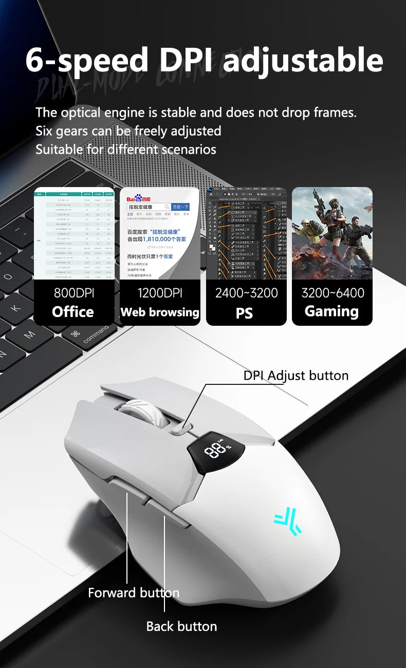 Mouse gaming wireless Warvank SX01 con display smart, regolazione DPI a 6 velocità, batteria ricaricabile da 600mAh, mouse Bluetooth silenzioso per ufficio