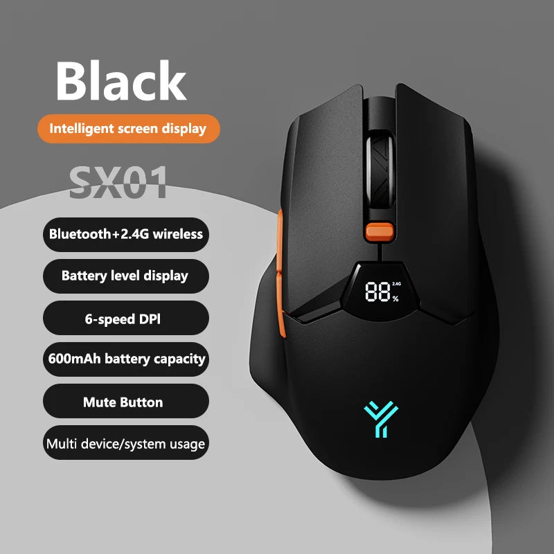 Mouse gaming wireless Warvank SX01 con display smart, regolazione DPI a 6 velocità, batteria ricaricabile da 600mAh, mouse Bluetooth silenzioso per ufficio