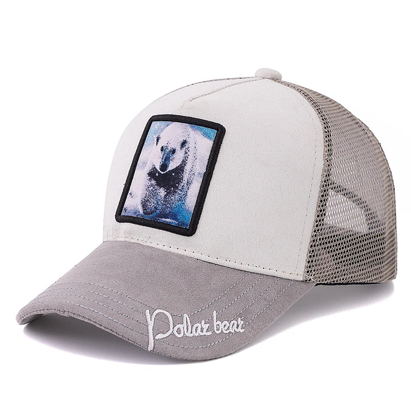 Unisex tinklinė kepurė su liūto raštu, su odiniu apdaila, moterims ir vyrams, vasarinė gyvūnų motyvo beisbolo kepurė, madinga „trucker“ stiliaus kepurė