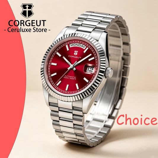 CORGEUT NH36 Mechanical Men's Watch Date of the Week Show President Chain Strap Steel Case Watch Threaded Arc Bezel waterproof