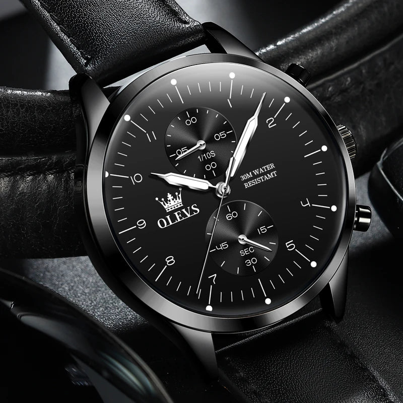 OLEVS 2880 Men’s Watch – Elegant and sleek chronograph, leather strap, automatic date display, water-resistant, luminescent hands, quartz movement.