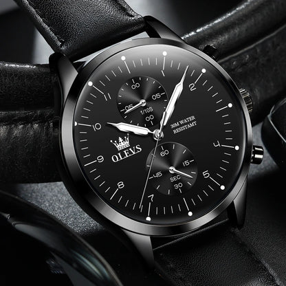 OLEVS 2880 Men’s Watch – Elegant and sleek chronograph, leather strap, automatic date display, water-resistant, luminescent hands, quartz movement.