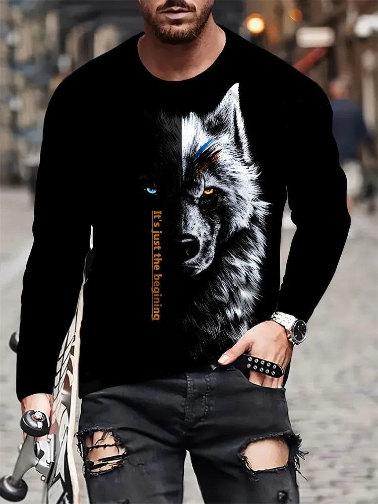 2024 Neues Herren-Langarmshirt mit Wolf-Print – lässiges Herren-Shirt für Frühling und Herbst, Street-Fashion-Langarmshirt