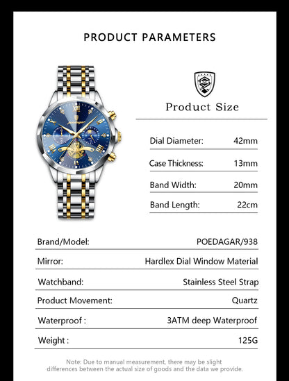 POEDAGAR Luxury Men Watch Top Original Waterproof Luminous Chronograph Man Wristwatch Stainless Steel Quartz Men's Watches Reloj