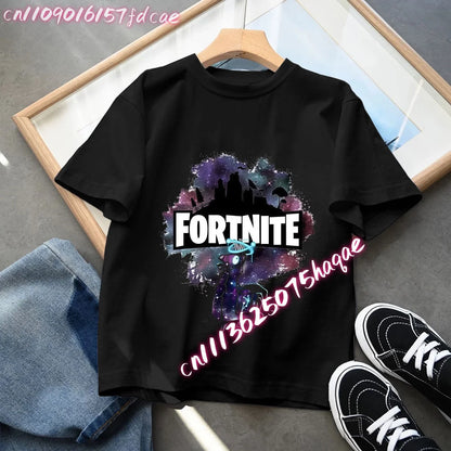 Fortnites Kids Black Cotton T Shirt Fortress Night Baby Short Sleeve Tees Shirt Cartoon Boy Girl Summer Clothes Kawaii Tops Gift