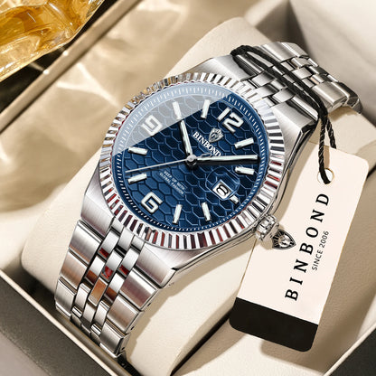 BINBOND luxury quartz wristwatch, luminous, water-resistant, automatic date, for men, stainless steel, business, sport, fashion and casual styles.