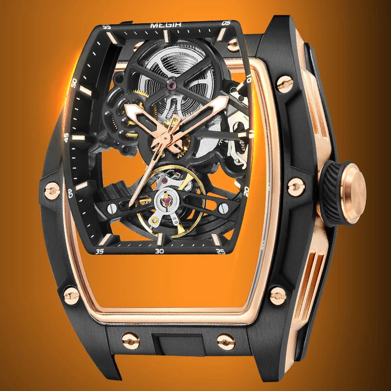 MEGIR Fashion Leisure Alloy Case Men Mechanical Watch Silicone Band Barrel Shaped Dial Luminous Pointer Design Man Wristwatch