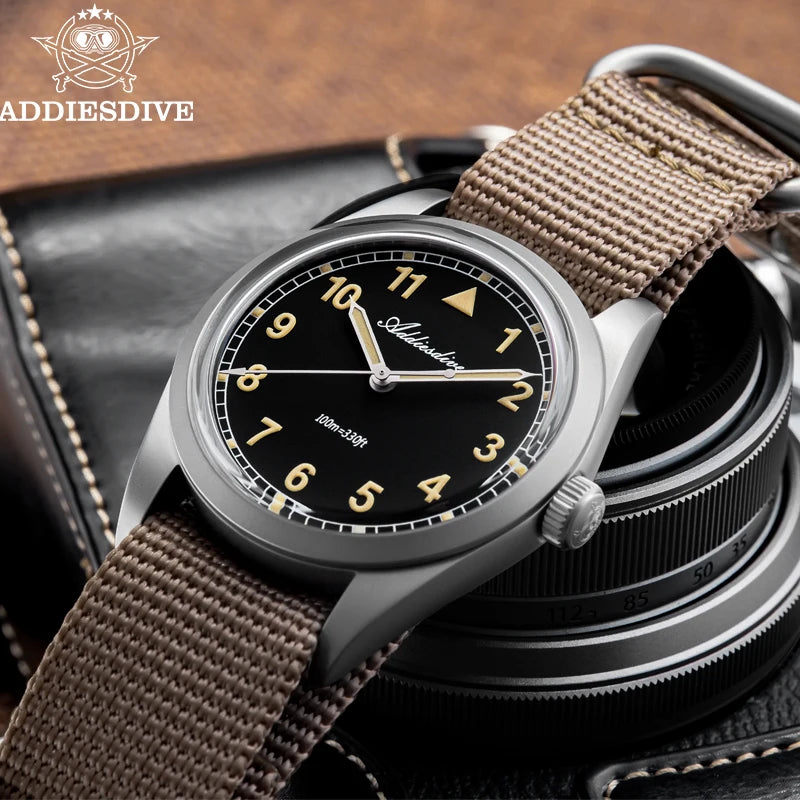 Relógio analógico masculino ADDIESDIVE 36mm com vidro espelhado bolha, 100m à prova de água, luminoso, simples, em quartzo, com bracelete em nylon