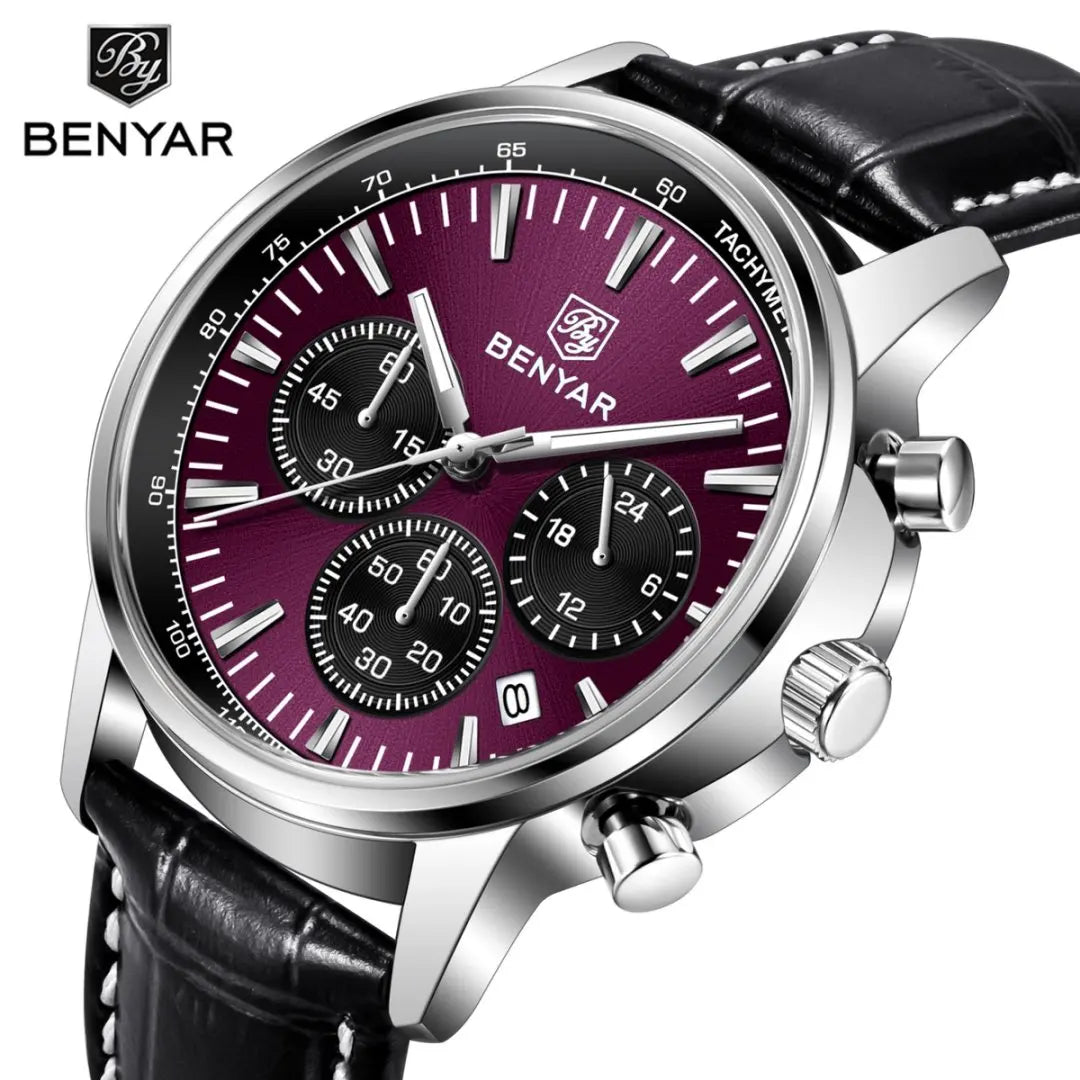 Benyar luxury men’s watch – Chronograph with date, leather strap, water-resistant, luminescent, sporty and military style, quartz watch