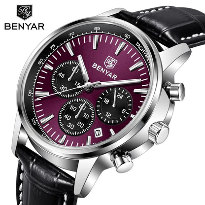 Benyar luxury men’s watch – Chronograph with date, leather strap, water-resistant, luminescent, sporty and military style, quartz watch
