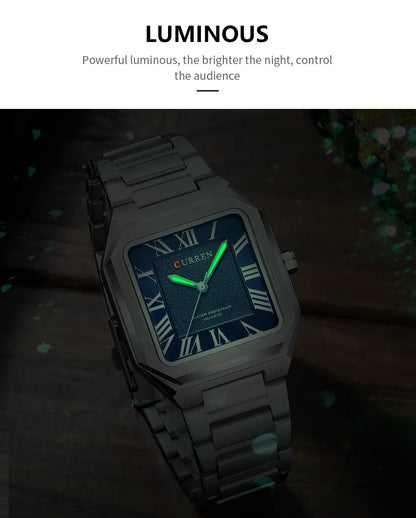 CURREN Vintage Square Design Dial with Roman Numeral Classic Business Dress Quartz Watch for Men with Luminous Hands 8482