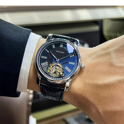 Men’s automatic mechanical watch – Elegant openwork design, trendy ‘business casual’ style, alloy case and leather strap, battery-free