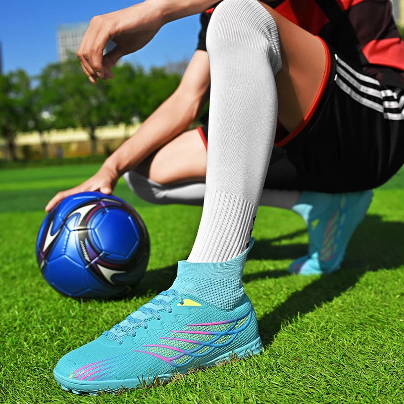 Chaussures de football à crampons TF pour terrain synthétique, modèle à tige haute et coupe ajustée, chaussures de football à lacets avec empeigne respirante en tissu, semelle en caoutchouc antidérapante et durable, ch