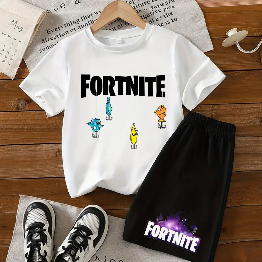 Summer Fortnite T-shirt Shorts for Boys and Girls Tee Pants Set 2pcs Children Clothing Tops T-shirts Fortress Night Print Tees Gift