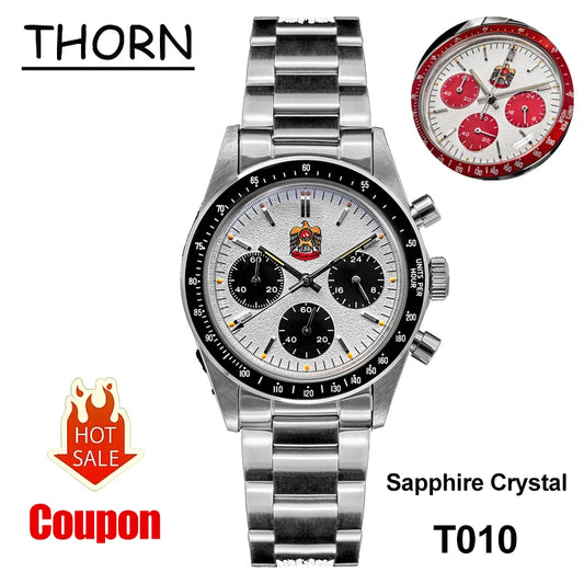 Thorn T010 37mm Quartz Watch VK63 Movement Men's Chronograph Watch Sapphire K9 Glass Luminous Waterproof Fashionable Retro Watch