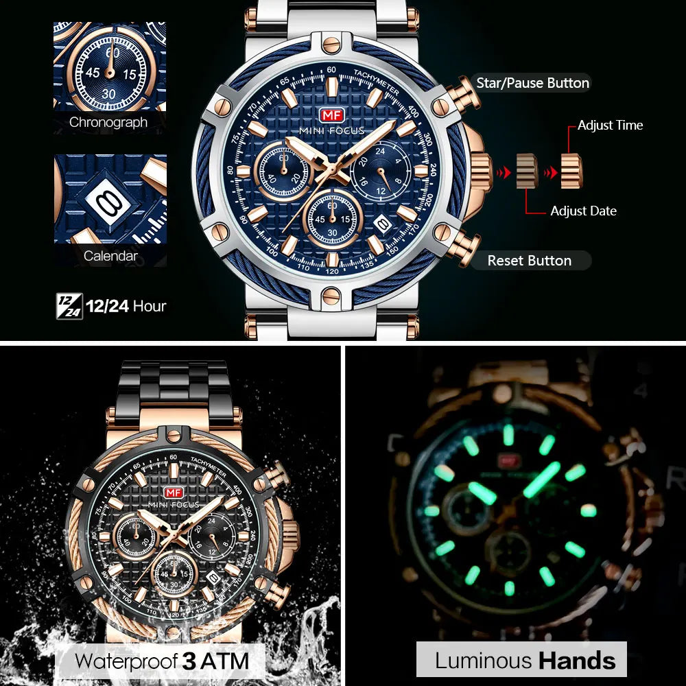 MINI FOCUS Black Stainless Steel Quartz Watch Men Fashion Luminous Dress Wristwatch with Date 24-hour Display Chronograph 0470