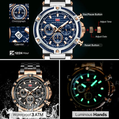 MINI FOCUS Black Stainless Steel Quartz Watch Men Fashion Luminous Dress Wristwatch with Date 24-hour Display Chronograph 0470