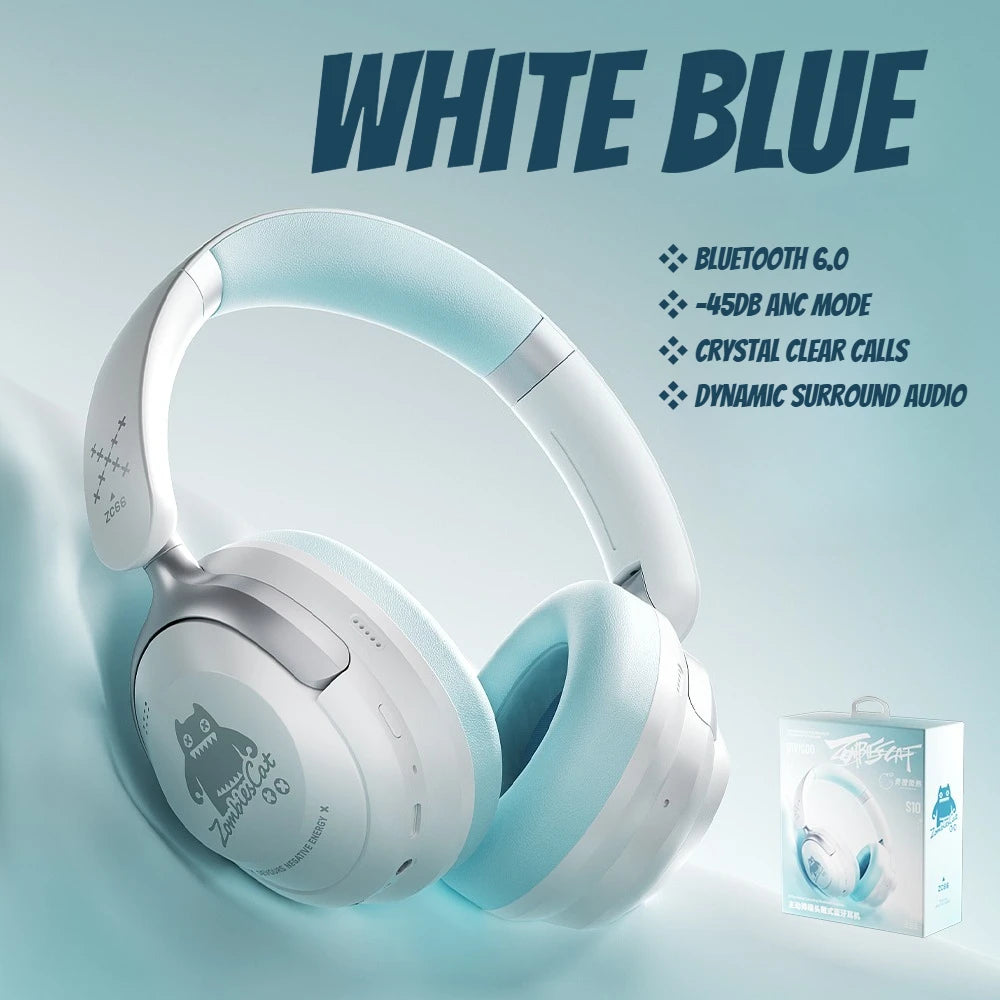 Zombies Cat S10 ANC Bluetooth 6.0 Headphones -45dB Active Noise Canceling Earphone HiFi Stereo Over-Ear Wire/Wireless Headset