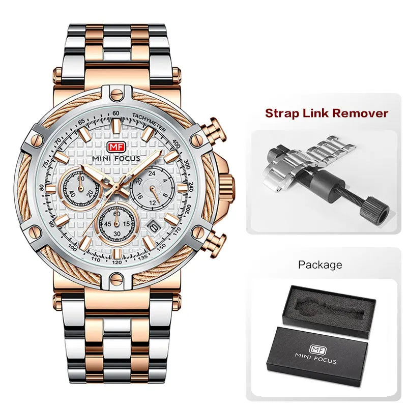 MINI FOCUS Black Stainless Steel Quartz Watch Men Fashion Luminous Dress Wristwatch with Date 24-hour Display Chronograph 0470