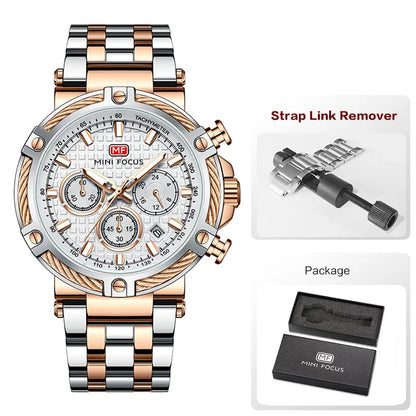 MINI FOCUS Black Stainless Steel Quartz Watch Men Fashion Luminous Dress Wristwatch with Date 24-hour Display Chronograph 0470