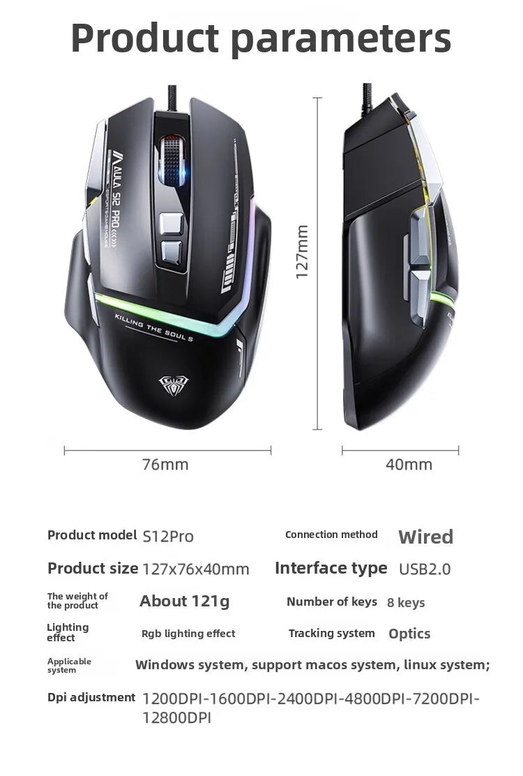 Hot Sale AULA S12 Pro Wired Gaming Mouse 12800 DPI RGB Backlit 8 Programmable Buttons Ergonomic Game Mouse for PC Laptop