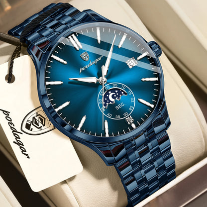 POEDAGAR luxury men’s watch, casual style, stainless steel, quartz, water-resistant, luminous, with date, elegant.