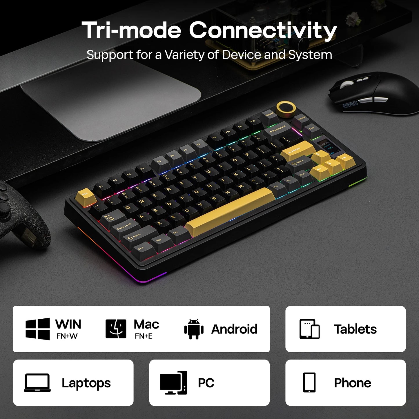 EPOMAKER X AULA EA75 MAX 75% ANSI-US-Layout Hot-Swap-Gasket kabelgebundene/BT/2.4GHz kabellose mechanische Tastatur mit Display & Drehregler