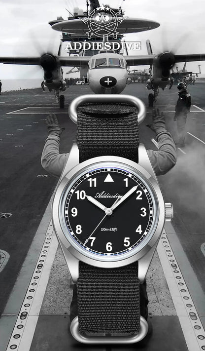 Relógio analógico masculino ADDIESDIVE 36mm com vidro espelhado bolha, 100m à prova de água, luminoso, simples, em quartzo, com bracelete em nylon