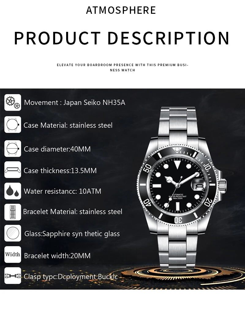 Customized Logo Reloj Men's Mechanical Automatic Wristwatch NH35 Movement 40mm Dial 100M Waterproof Sapphire Glass DIY Corgeut