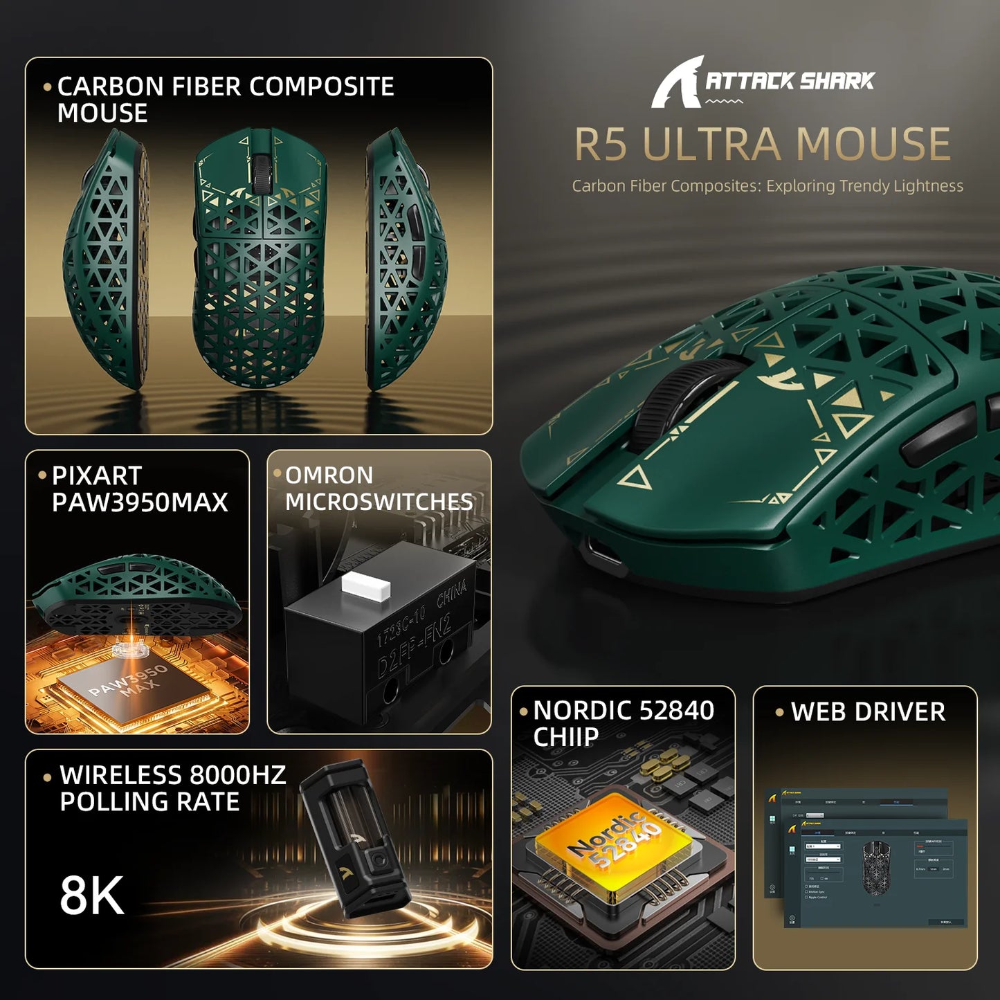 ATTACK SHARK R5 Ultra Carbon Fiber brezžična gaming miška, gaming senzor PixArt PAW3950MAX, 42000DPI, 8000Hz, MCU Nordic 52840