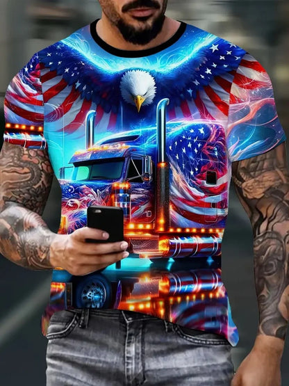 Patriottisch 3D-T-shirt voor heren met adelaarprint, casual ronde hals, korte mouwen, pullover voor zomerse mode en outdooractiviteiten, herenkleding