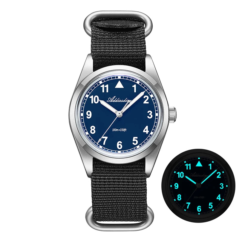 Relógio analógico masculino ADDIESDIVE 36mm com vidro espelhado bolha, 100m à prova de água, luminoso, simples, em quartzo, com bracelete em nylon