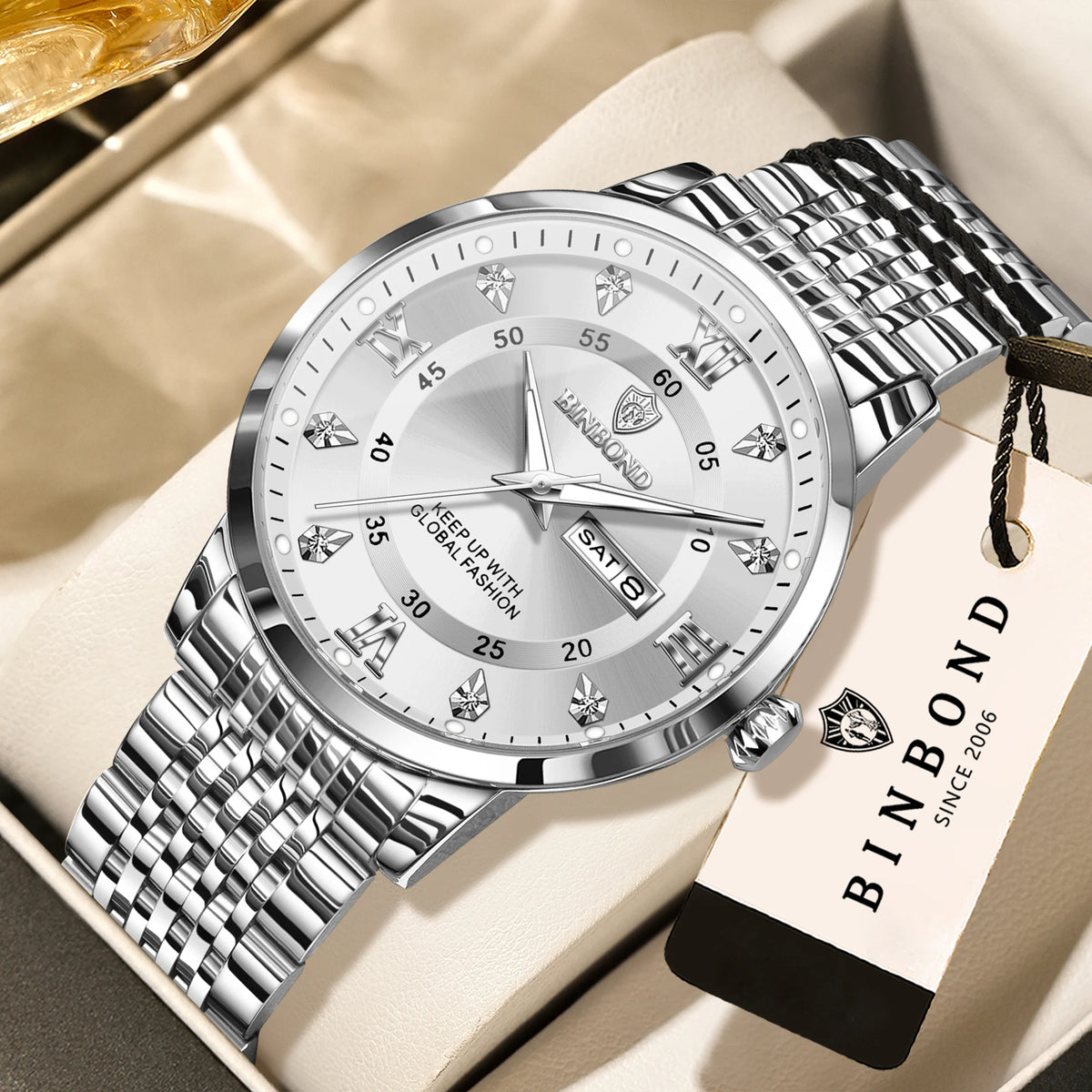 BINBOND luxury quartz wristwatch for men – Water-resistant, luminous, with day-of-the-week display – Business, sport, fashion and casual styles