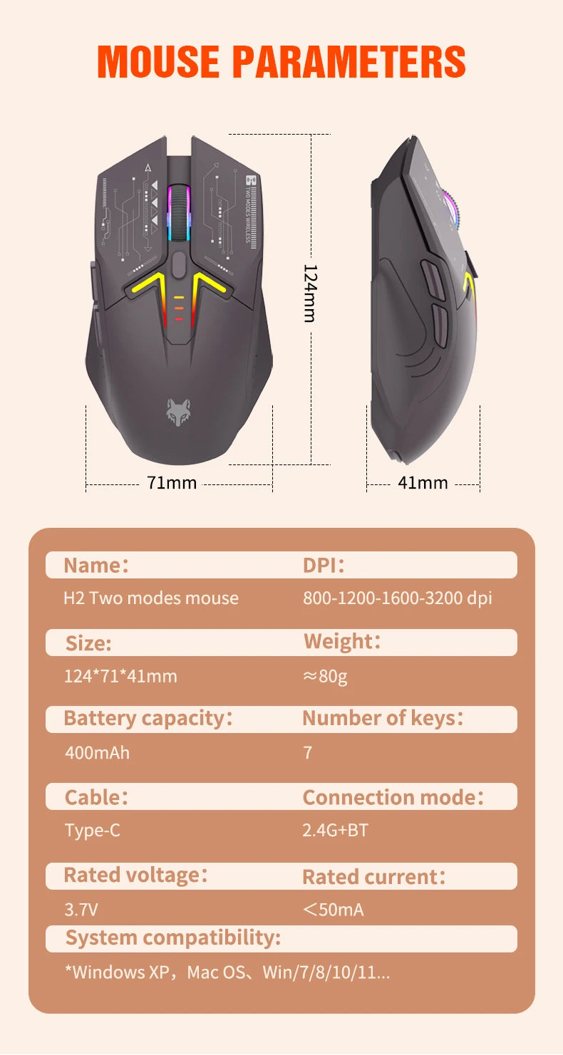 Mouse wireless Bluetooth dual-mode XUNSVFOX H2 con effetti di illuminazione RGB, per laptop, gaming e ufficio, ricarica magnetica
