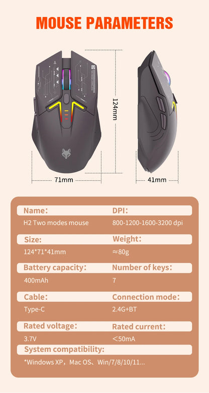 Mouse wireless Bluetooth dual-mode XUNSVFOX H2 con effetti di illuminazione RGB, per laptop, gaming e ufficio, ricarica magnetica